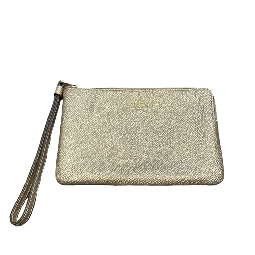 COACH corner-zip gold metallic leather wristlet and cardholder with strap.
